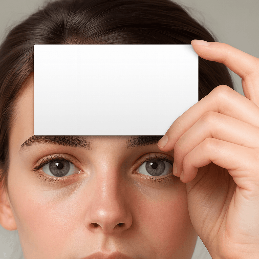 Exemple de photo avec une carte tenue au-dessus des yeux pour mesurer l’écart pupillaire